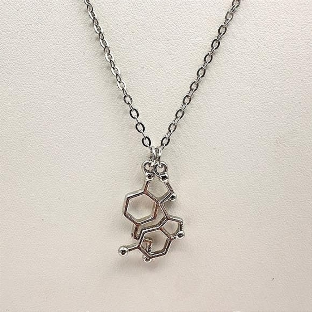 Vintage Y2K Serotonin Molecule Pendant Necklace Silver Tone Chemistry Jewelry